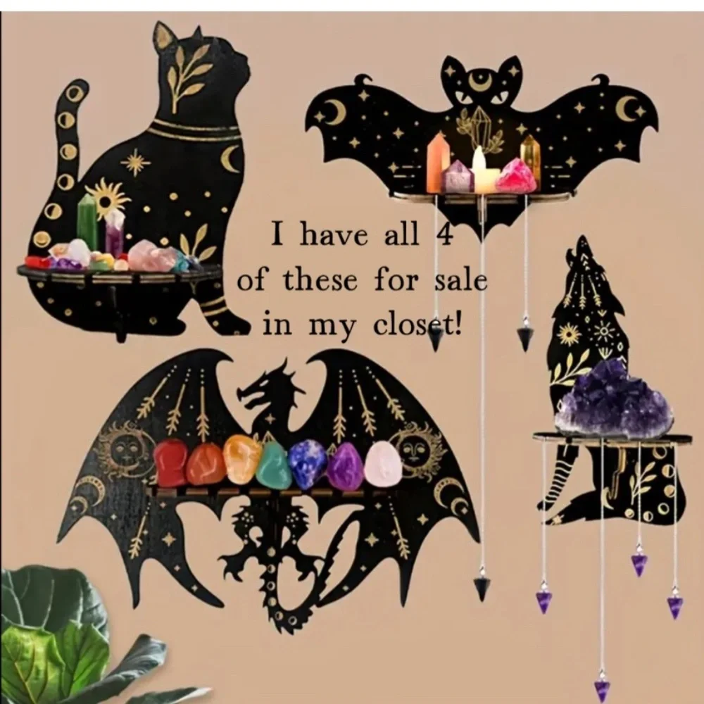 NEW! Majestic Black and Gold Sitting Cat Crystal / Gemstone Display Wall Shelf!